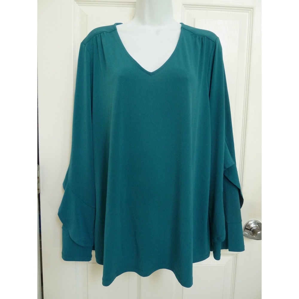 Grace Plus Size 2X Teal V-Neck Ruffled Long Sleeve Blouse Top Pullover